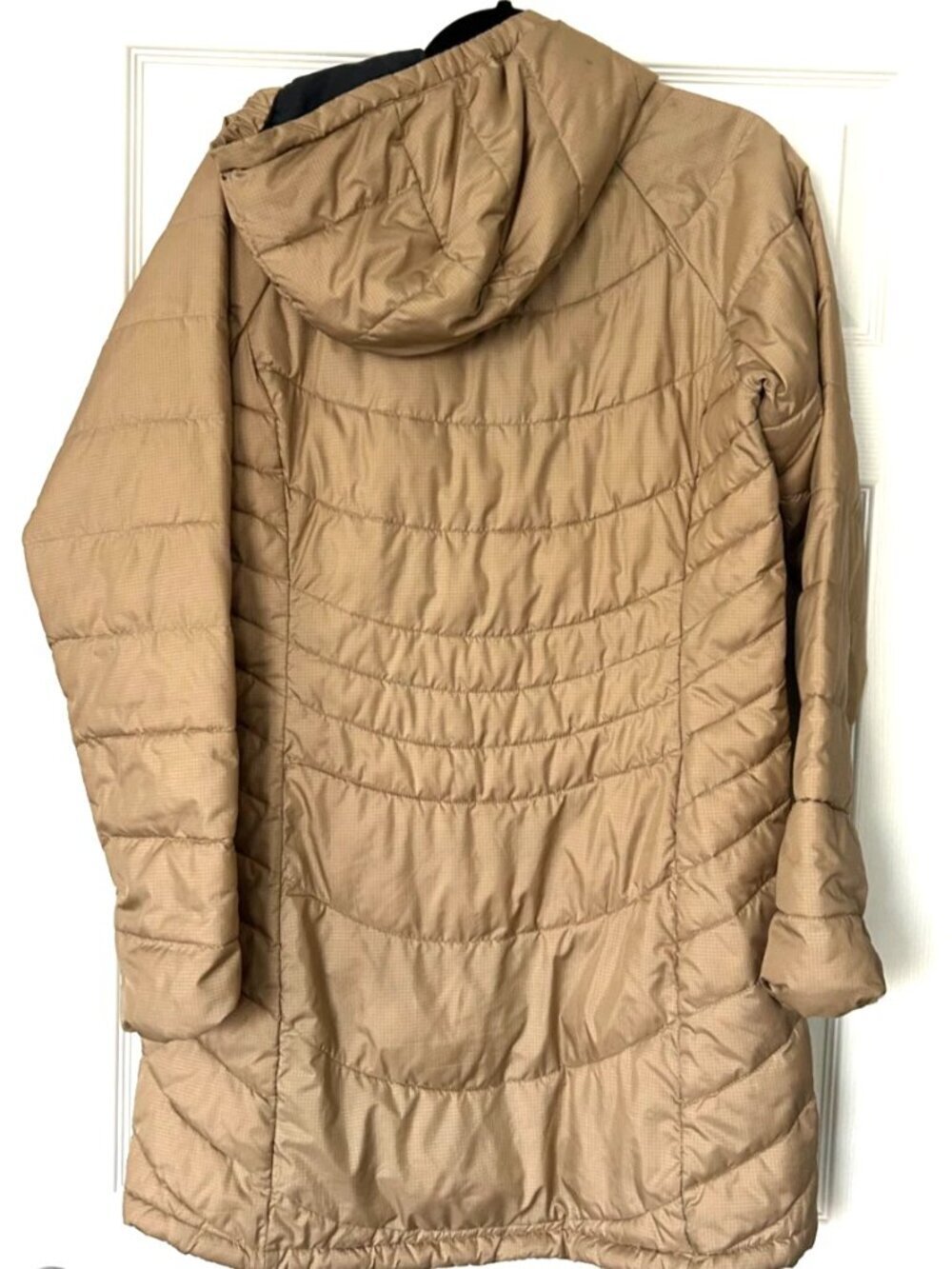 Columbia Karis Gale Long Jacket Women’s Medium Beige Hooded Puffer Coat Full Zip - Picture 2 of 7